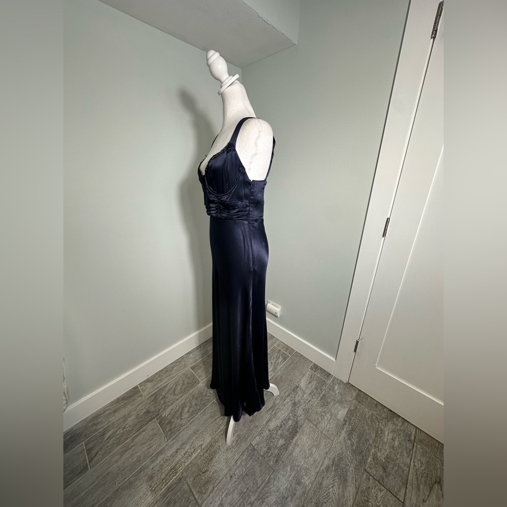 NEW Astr Aeris Satin Lace Trim Maxi Dress Navy Sz Medium Bustier Corset Feminine - Picture 6 of 17